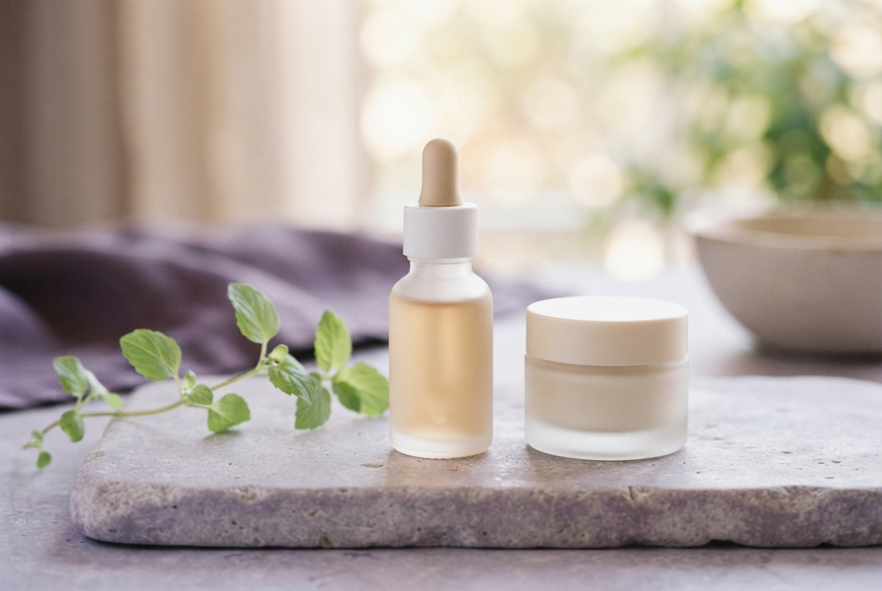 Unlabelled dropper bottle and cream jar on a stone slab beside a leafy sprig.