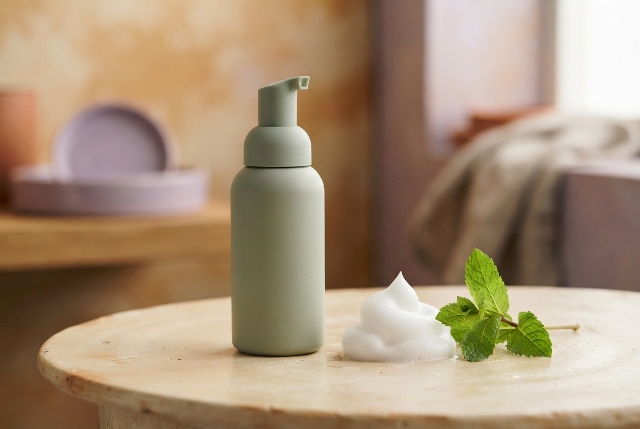 Sage-green pump bottle beside white foam and fresh mint on a round tabletop.