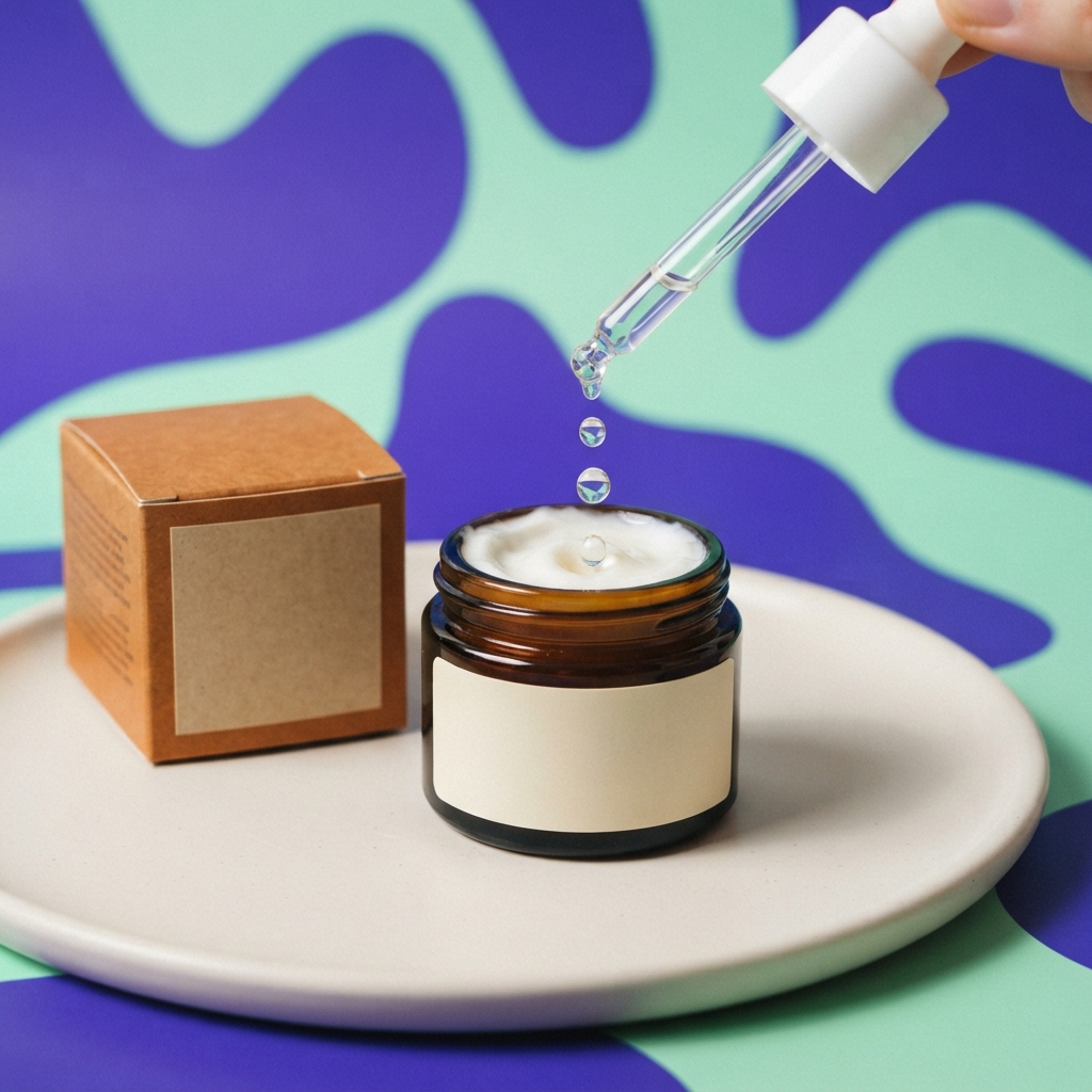 Dropper releasing liquid onto cream in an open amber jar beside a brown box on a plate.
